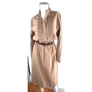 Vintage 70s Light Academia Preppy Khaki Beige Dress Green Red Belt - Size 10
